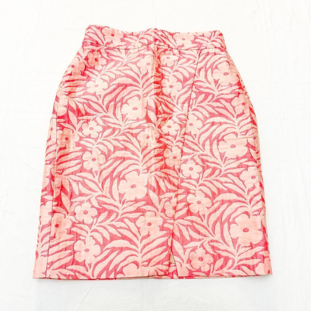 J. Crew Flower Embossed Bright Pink Coral Pencil Skirt Assymetric Panel Size 4